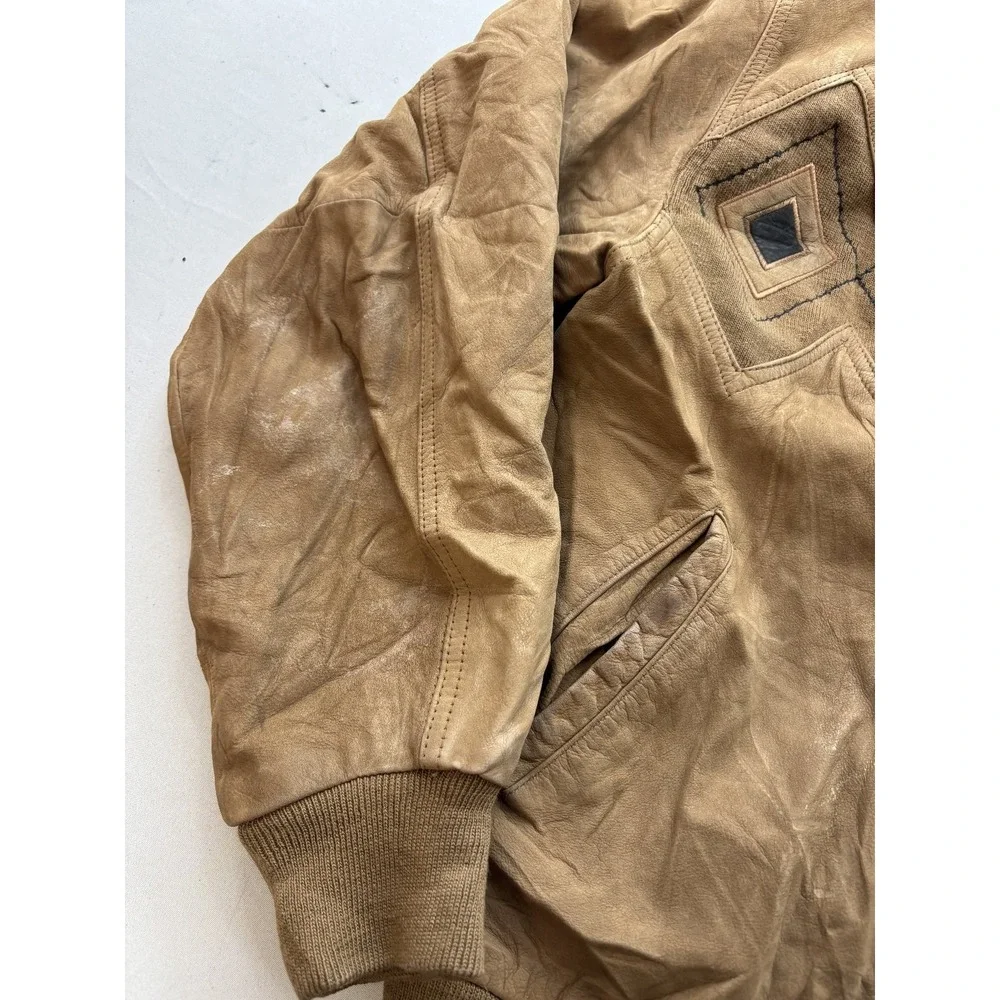 MESA RIDGE Vintage Men Tan Leather Bomber Jacket L Button Front Ribbed Trim